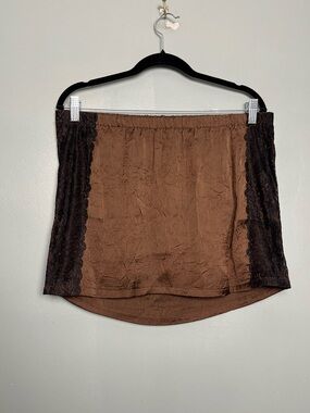 Anthropologie NWT Lace Satin Crinkle Mini Skirt Brown Black Women’s Size S